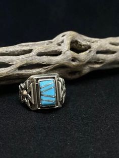 "Native American Zuni sleeping Beauty Turquoise Sterling Silver Mens Ring .925 Size 10 Condition is New with tags. Shipped with USPS First Class. This ring is made with the famous Zuni style; Inlay Inlay is the process of hand-cutting each stone to fit in a flush surface. As you can see, the stones are also slightly raised to give it a textured feeling. There is also Sterling silver slivers inlayed as well separating each individual stone. There is very beautiful silver work on each side of the American Rings, Silver Mens Ring, Long Ring, Native American Rings, Sterling Silver Mens Rings, Mens Silver Rings, Sleeping Beauty Turquoise, Silver Work, Mens Ring