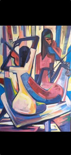 an abstract painting of a woman sitting on a chair with her arm around another person's neck