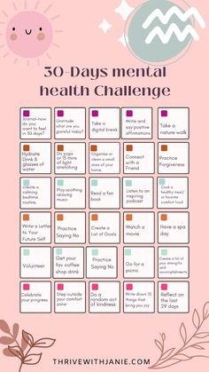 Ready to refresh your mind and boost your mental wellness? Join this 30 Days Mental health challenge. This 30 day mental Cleanse Challenge is designed to help you feel more balanced and boost your mental wellness and overall sense of wellnes.  This 30 Day Wellness Challenge incorporates mindfulness, self-care, and personal growth practices to bring clarity and peace. Embrace the Mindfulness 30 Day Challenge and discover new ways to nourish your mental health each day. Start your journey to a healthier mind now!  #30DayMentalCleanse #MindfulnessChallenge #MentalWellness #SelfCareJourney #MentalHealth Mental Cleanse, 30 Day Wellness Challenge, Monthly Mental Challenge, Mental Health Challenge, 30 Days Mental Health Challenge, 30 Day Mental Health Challenge, Mindfulness Month Challenge, Monthly Wellness Challenges, 1 Month Challenge Mental Health