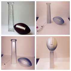 four different views of various sports items including a football, baseball bat and flask