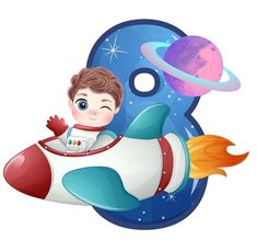 a young boy riding on the back of a rocket in outer space with planets around him