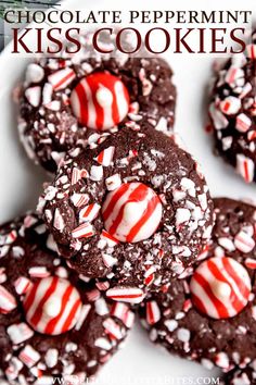 chocolate peppermint kiss cookies on a white plate