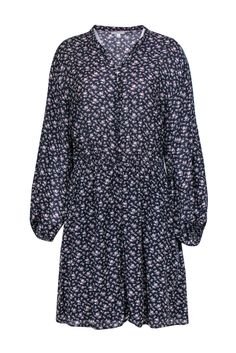 Current Boutique-Joie - Navy Floral Print Long Sleeve Button-Front Shift Dress Sz L Floral Print Boho Dress For Daywear, Bohemian Button-up Day Dress, Bohemian Button-up Dress For Daywear, Printed Frock, Button Front Dress, Simple Necklace, Navy Floral, Floral Printed, Cotton Dress