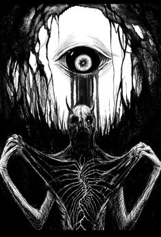 a black and white drawing of a skeleton with an eye in the background