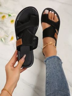 Women's Hollow Out Mesh Slippers, Casual Round Toe Flat Summer Shoes, Lightweight Sandals Black Fashionable    Plain    Women Shoes, size features are:Bust: ,Length: ,Sleeve Length: Summer Flats, Womens Sandals Flat, Toys For Girls, Summer Shoes, Flat Sandals, Slide Sandals, Black Sandals, Women's Shoes Sandals, Womens Sandals