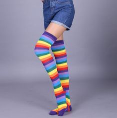 Color: 1, Size: One Size Striped Gloves, Thigh Socks, Thigh High Stocking, Rainbow Socks, Striped Stockings, Knit Stockings, Over The Knee Socks, Europe Fashion, Thigh High Socks