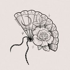 a black and white drawing of a fan with flowers on it's side, attached to a string