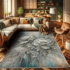 a living room filled with lots of furniture and decor on top of wooden flooring