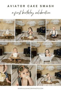 a collage of photos with a baby in a cake smash