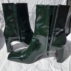 High Gloss Leather, Hunter Green, 3 Inch Heel, Squared Heel And Square Toe Chic Green Square Toe Boots, Zara Faux Leather Square Toe Heeled Boots, Zara Leather Heeled Boots With Square Toe, Chic Green Square-toe Boots, Green Ankle-high Boots With Reinforced Heel, 3 Inch Heels, Zara Shoes, Hunter Green, Bootie Boots