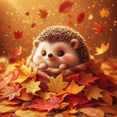 a hedge sitting on top of a pile of leaves next to autumn leaves and falling leaves