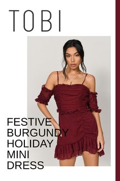 Look cute in this festive burgundy holiday mini dress. Can you imagine getting dress up cocktail party gowns for Christmas and New Year's Eve outfits on sale? Now's your chance to save. Why pay more when you can get gorgeous winter festivity clothing and beautiful formal attire for ladies at affordable prices from TOBI. #shoptobi #holidaydresses #minidresses Chic Off Shoulder Dress With Ruffles For Party, Off-shoulder Party Mini Dress With Ruffles, Off-shoulder Dresses With Ruffles For Party Season, Off-shoulder Ruffled Dress For Party Season, Off-shoulder Ruffle Mini Dress For Party, Off-shoulder Mini Dress With Ruffles For Party Season, Off-shoulder Mini Dress For Fall Parties, Off-shoulder Ruffle Mini Dress For Party Season, Flirty Off Shoulder Ruffle Dress For Party