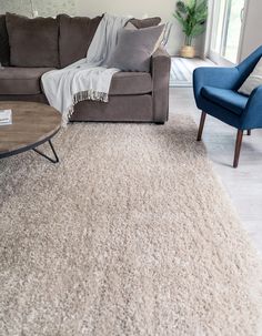 a living room with a couch, chair and rug on the floor in front of a window