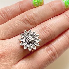 "Sunflower Ring Flower Floral Jewelry Silver Ring Gift for Women -I make this ring using an antique silver finish sunflower stamping -sunflower measures 3/4\" across -adjustable -nickel and lead free -Gift Boxed More of my Sunflower Jewelry Here: https://www.etsy.com/shop/lydiasvintage/items?search_query=sunflower" Adjustable Sunflower Design Flower Ring Gift, Adjustable Sunflower Design Flower Ring, Adjustable Silver Flower Ring, Adjustable Stamped Flower Jewelry, Vintage Adjustable Sunflower Design Jewelry, Adjustable Nickel-free Flower-shaped Rings, Nickel Free Adjustable Round Flower Ring, Adjustable Nickel-free Silver Flower Ring, Nickel-free Adjustable Round Flower Ring