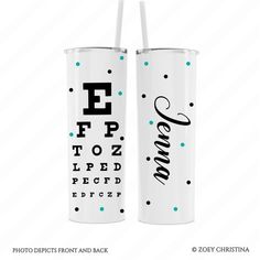 two white tumbles with blue dots and the words eye chart printed on each one