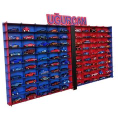 there are many toy cars on the shelves