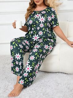 Plus Size Floral Print Round Neck Short Sleeve Top And Long Pants Pajama Set Multicolor     Plants Pant Sets Medium Stretch Summer Women Plus Sleep and Lounge, size features are:Bust: ,Length: ,Sleeve Length: Warm Pajamas, Plus Size Pajamas, Cute Pajamas, Pant Sets, Pyjama Set, Plus Size Casual, Sleepwear Women, Long Sleeve Casual, Long Pants