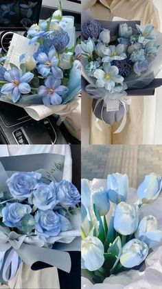 blue flowers and greenery are in the bouquets