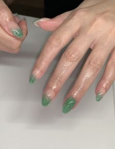 Almond Acrylic Overlay Green Tip Acrylic Nails Almond, Green Glitter Almond Nails, Almond Shape Green French Tip, Sage Acrylic Nails Almond, Green Aura Nails Almond, Acrylic Overlay