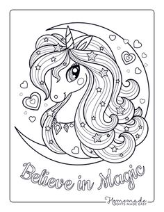 a cute unicorn with long hair sitting on the moon coloring book page for adults and children