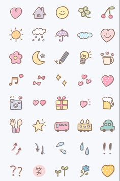 the icons are drawn in pastel colors and have hearts, stars, clouds, flowers, and other things on them