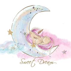 a drawing of a baby sleeping on the moon with a unicorn horn in its's hair