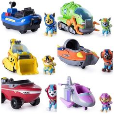 there are many toy vehicles on this white background