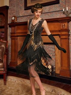 1920er Jahre Glitzerndes V-ausschnitt Flapper Kleid Für Damen, Gold Pailletten Fransen Saum Kleid Verschiedenfarbig   Ärmellos Stoff Farbblock Tank Leicht-dehnbar  Weddings & Events, size features are:Bust: ,Length: ,Sleeve Length: 1920s And 30s Fashion, 20s Dance Outfit, The Gatsby Outfit, Women 1920s Fashion, Flapper Dance Costume, 1920s Women Fashion, 1920s Woman Fashion, 1920s Dresses Formal, 1920s Fashion Aesthetic