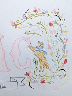 a watercolor drawing of a cat with flowers on it's tail and the letter k