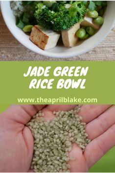 there is a bowl with rice and broccoli in it, and the words jade green rice bowl