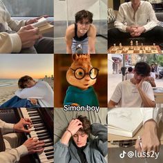 a collage of photos with people playing chess, and the words simon boy on them