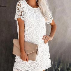 Simply Beautiful! Crisp White Lace Over A White Body Lining. The Sleeves Are Not Lined. The First Photo Is A Stock Photo To Show How The Dress Looks On. The Rest Of Pictures Are The Actual Dress. Great For Parties Or For Work! White Dress Summer Casual, Lace Dress Casual, White Lace Maxi Dress, Crochet Mini Dress, Lace Shift Dress, Midi Dress Party, Straight Dress, Crewneck Dress, Short Sleeve Mini Dress