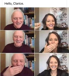 six different pictures of an older man and woman making funny faces with their hands in front of them