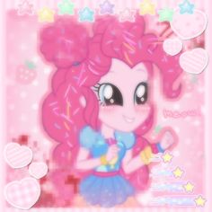 a cartoon girl with pink hair holding a toy