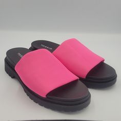 Neon Pink Stretchy Straps. 1 Inch High Platforms. 2 Inch High Heels. Nwt. Size 10 W. Trendy Pink Open Toe Slides, Trendy Pink Round Toe Slides, Trendy Pink Sandals With Textured Footbed, Trendy Pink Flat Slides, Pink Platform Slip-on Slides, Pink Flat Slides With Textured Footbed, Pink Slip-on Platform Slides, Pink Platform Open Toe Slides, Pink Open Toe Platform Slides