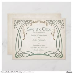 These invitations are here on party business. The coordinating pieces of this fantasy wedding invitation suite feature graceful trees in celtic or elvish style with faux foil details and celtic text on parchment. Perfect for your high fantasy wedding or rpg gamer birthday. Order your printed invitations and party supplies or download your digital invitations now for a day they'll never forget! Elven Wedding Invitations, Fantasy Themed Wedding Decor, Fantasy Wedding Invites, Lord Of The Rings Wedding Invitations, Medieval Wedding Invitations, Medieval Wedding Aesthetic, Modern Medieval Wedding, Lord Of The Rings Wedding Theme, Wedding Invitations With Cricut