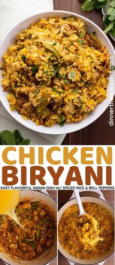 chicken biriyani in a white bowl with spoons and garnishes