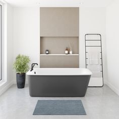 a bathroom with a bathtub, rug and plant in it