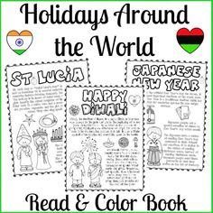 holiday around the world coloring book for kids with pictures and words on it to color