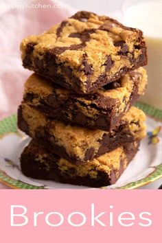 chocolate chip cookie brownies stacked on top of each other with the words, cookies