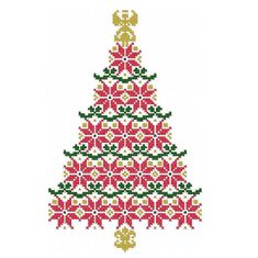 a cross stitch christmas tree is shown in red, green and yellow colors on a white background