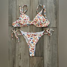 Cute, Floral Bikini Set. Brand New, Never Worn. Top - Medium Bottom - Large White Swimwear For Poolside Spring, White Swimwear For Poolside In Spring, White Fitted Beachy Swimwear, Fitted White Swimwear For Beach Season, Fitted White Beachy Swimwear, White Printed Swimwear For Poolside, White Fitted Swimwear For Poolside, Fitted White Swimwear For Poolside, White Fitted Triangle Top Swimwear