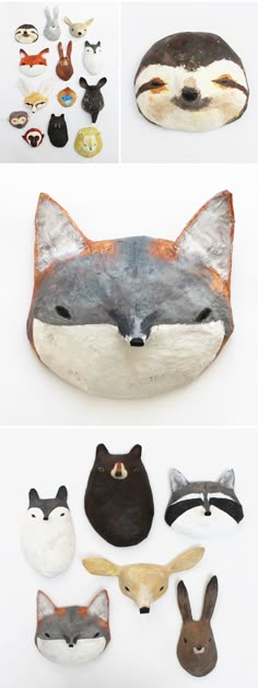 an assortment of animal masks are shown in different styles and sizes, including one with a fox's head on it