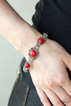 Paparazzi Serenely Southern Red Stone Clasp Bracelet Colorful Frames, Red Bracelet, Silver Frames, Red Bracelets, Rose Quartz Stone, Fiery Red, Colored Gems, Paparazzi Accessories, Blue Gems