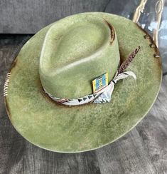 One of a kind wide brim hat  - Size 58cm Artisan Wide Brim Outdoor Hat, Artisan Short Brim Hat For Ranch, Artisan Hat With Short Brim For Ranch, Artisan Style Fedora With Flat Brim For Outdoor, Artisan Fedora With Curved Brim For Outdoor, Artisan Brimmed Fedora For Outdoor, Artisan Ranch Hat With Short Brim, Green Fedora For Kentucky Derby, Artisan Flat Brim Fedora For Ranch