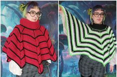 two pictures of a woman with glasses holding up a crocheted shawl in front of a colorful background