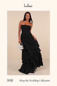 a woman in a black dress with the words shop the wedding collection