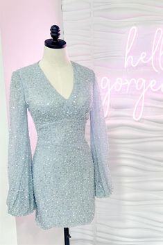 Long Sleeves Light Blue Empire Bodycon Mini Dress Blue Dress Glitter, Sheer Sleeve Dress, Empire Waistline, Homecoming Dress, Balloon Sleeves, Bodycon Mini Dress, Bride Dress, Special Occasion Dresses, Occasion Dresses