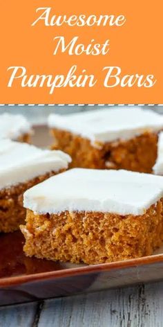 pumpkin bars with white frosting on top and the words awesome moist pumpkin bars above them