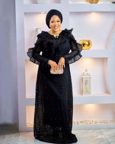 Black lace dress Dry Lace Gown Styles Nigerian, Lace Gown Styles Nigerian, Lace Kaftan, Kaftan Styles, Nigerian Outfits, Bubu Gown Styles, Nigerian Lace Styles Dress, Nigerian Lace Styles, Kaftan Gown